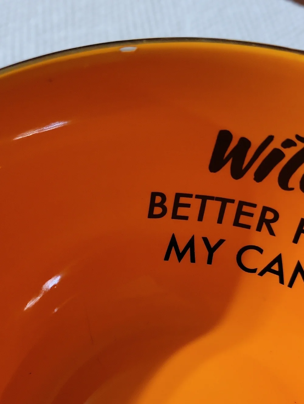 Witch Better Have My Candy Ceramic Halloween Candy Bowl Gold Rim Black Stripes